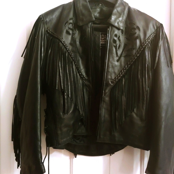 Black Genuine Leather Fringed Jacket w/ Black Rose - Picture 4 of 14